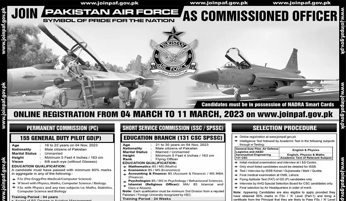 Join PAF Jobs 2023 Pakistan Air Force as Commissioned Officer